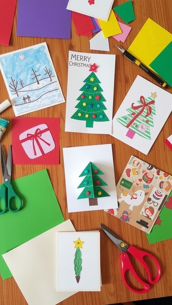 A collection of creative Christmas cards made by children, showcasing different artistic styles and materials.